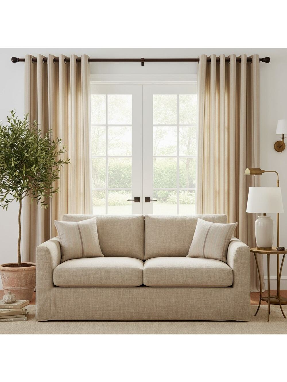 Vintage Cream Taupe Stripe Curtain Panels Set 2-Grommet Drapes-Neutral-Window